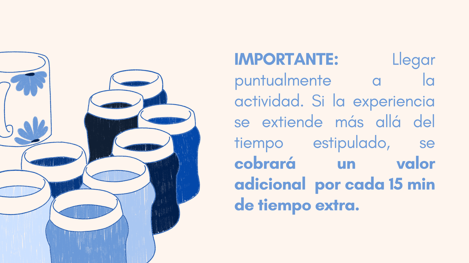 Importante: llegar puntualmente a la actividad. Si la experiencia se extiende más allá del tiempo estipulado, se cobrará un valor adicional por cada 15 minutos extra.